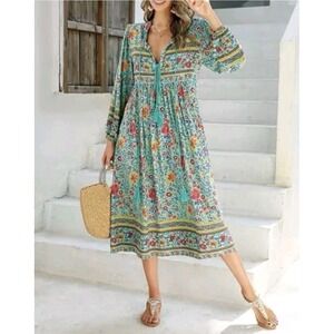R Vivimos Boho FloralPrintMidiDress Tassels Turquoise BlueYellowPink SizeL 12 14